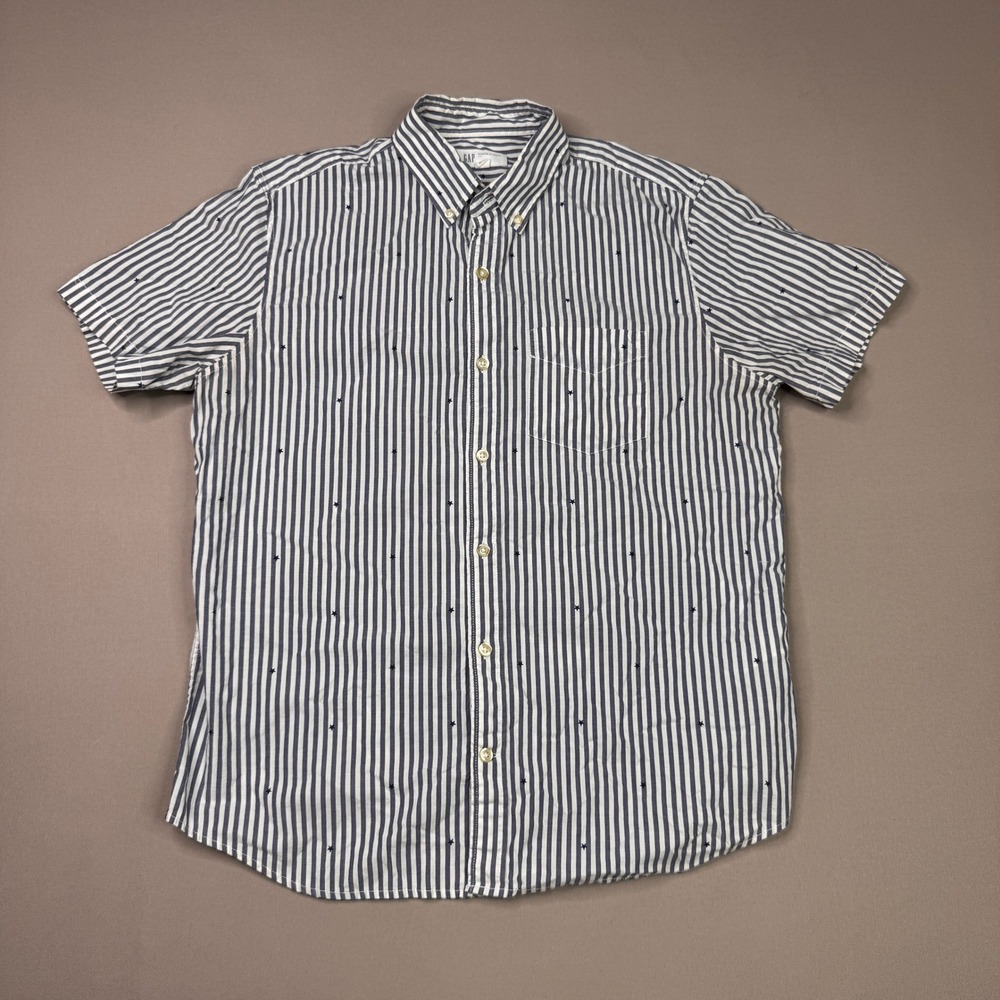 Gap Mens Medium Blue White Striped Star Embroidered Short Sleeve Button Down